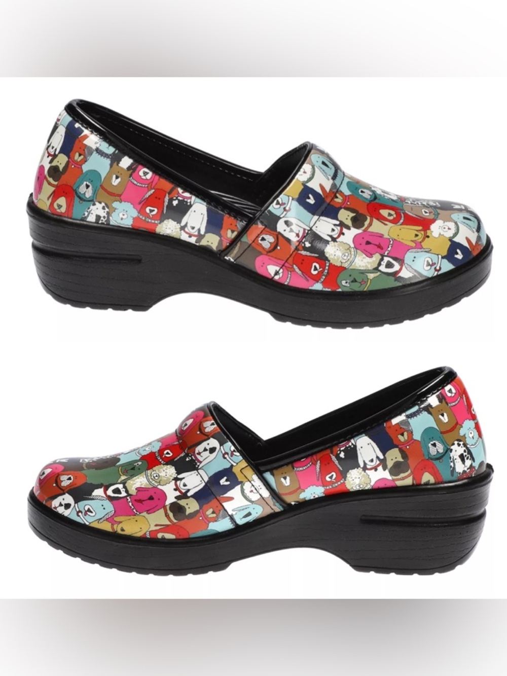 EASY STREET DOGS PRINTS WORK SHOES. SIZE 11. SLIP RESISTANT WORK SLIP-IN CLOGS.